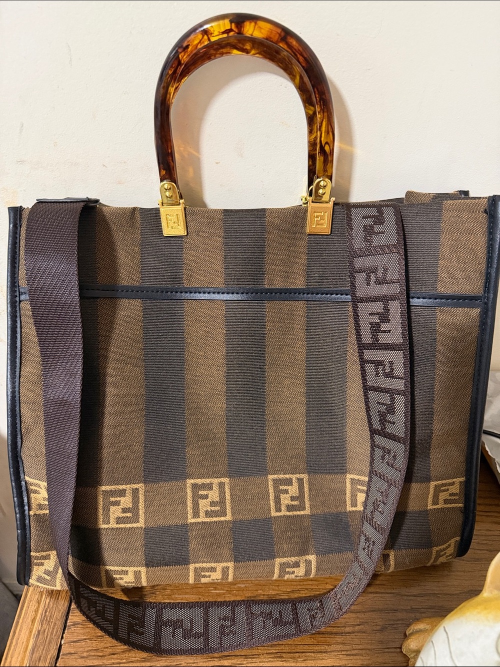 Fendi Brown & Dark Brown Striped Canvas Tote with Tortoiseshell Handles